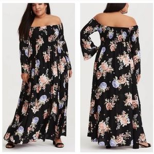 TORRID Black Floral Cabbage Rose Smocked Bodice Maxi Dress